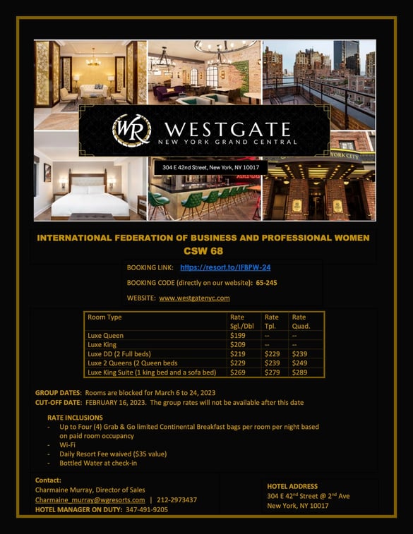 Mind the Date! - Hotel Bookings in New York for BPW Rates at the Westgate Hotel until February 16, 2024