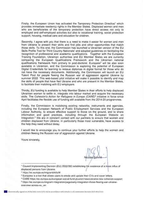 Answer from the Office of  President of the European Commission Ursula von der Leyen