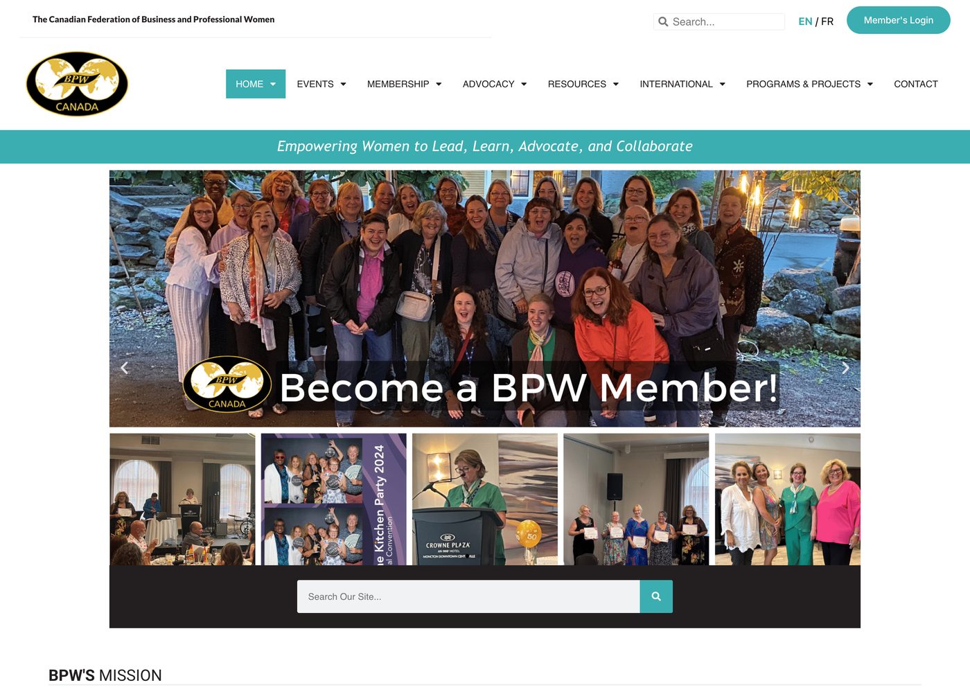 BPW Canada homepage with color-blocked sections and photo overlays