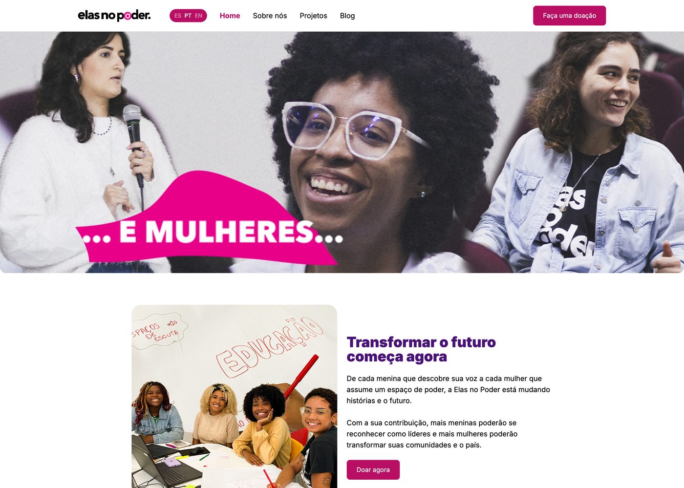 Elas no Poder homepage with activist pink, yellow, and bold typography