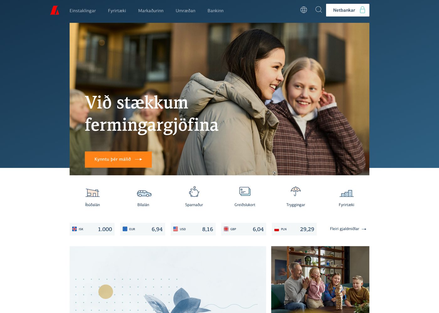 Landsbankinn homepage with bold modern sans-serif typography and strong weight hierarchy