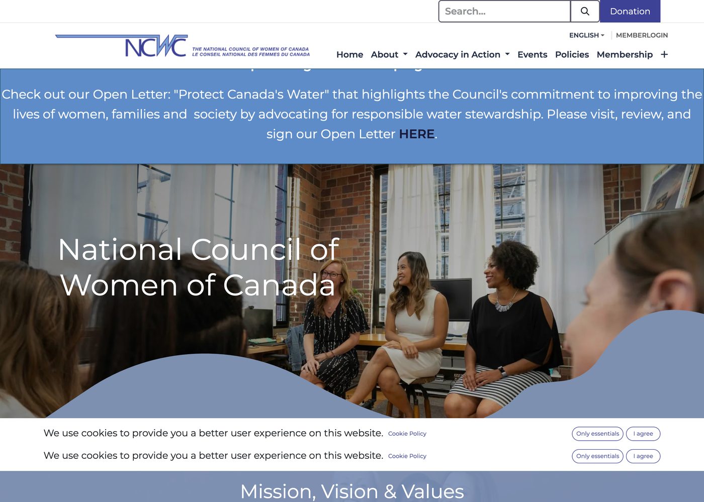 National Council of Women Canada homepage with big stat numbers and modular cards